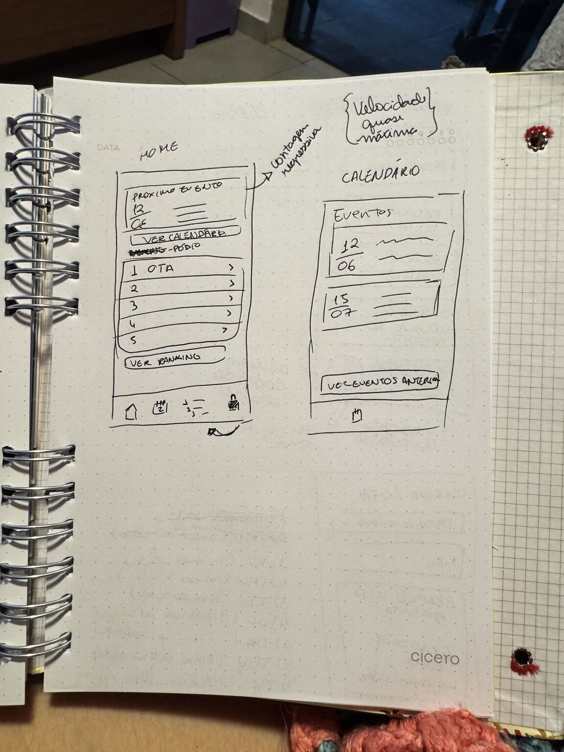 Wireframe Home + Calendário